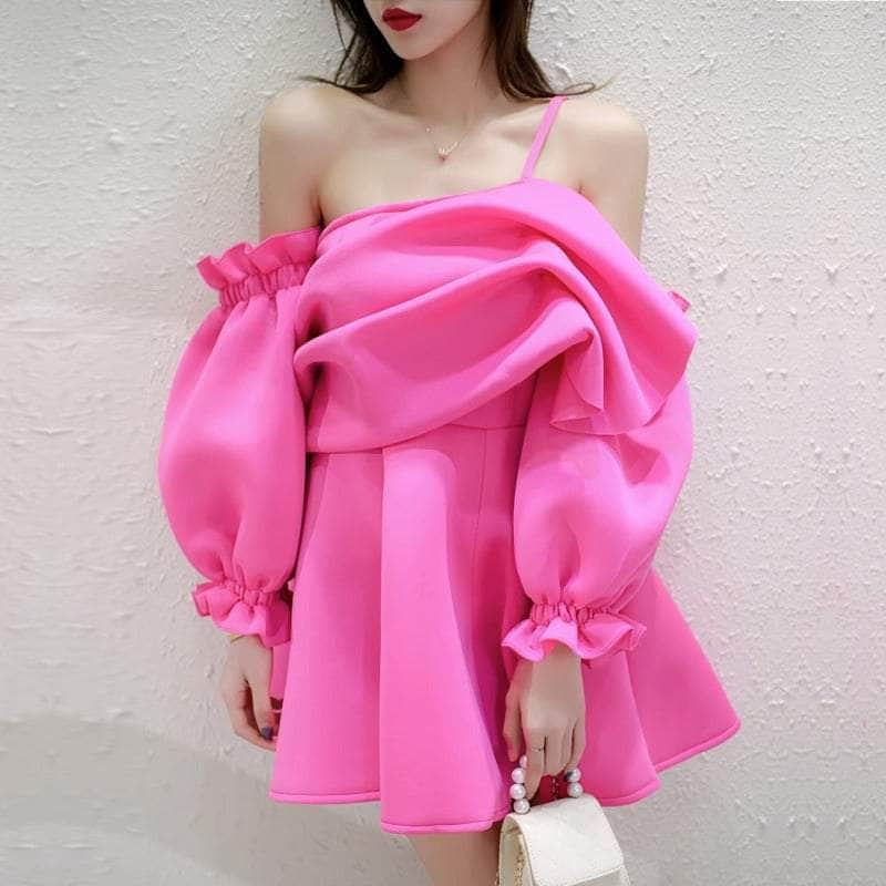 One-Shoulder Puff Sleeve Pleated Mini Dress