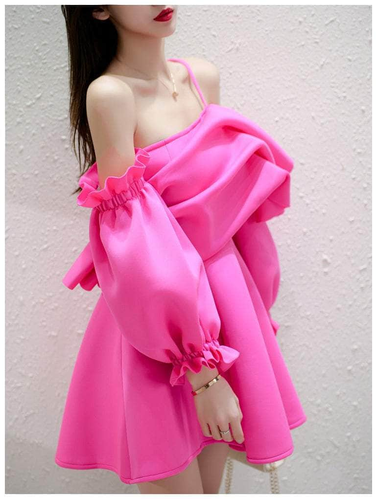 One-Shoulder Puff Sleeve Pleated Mini Dress