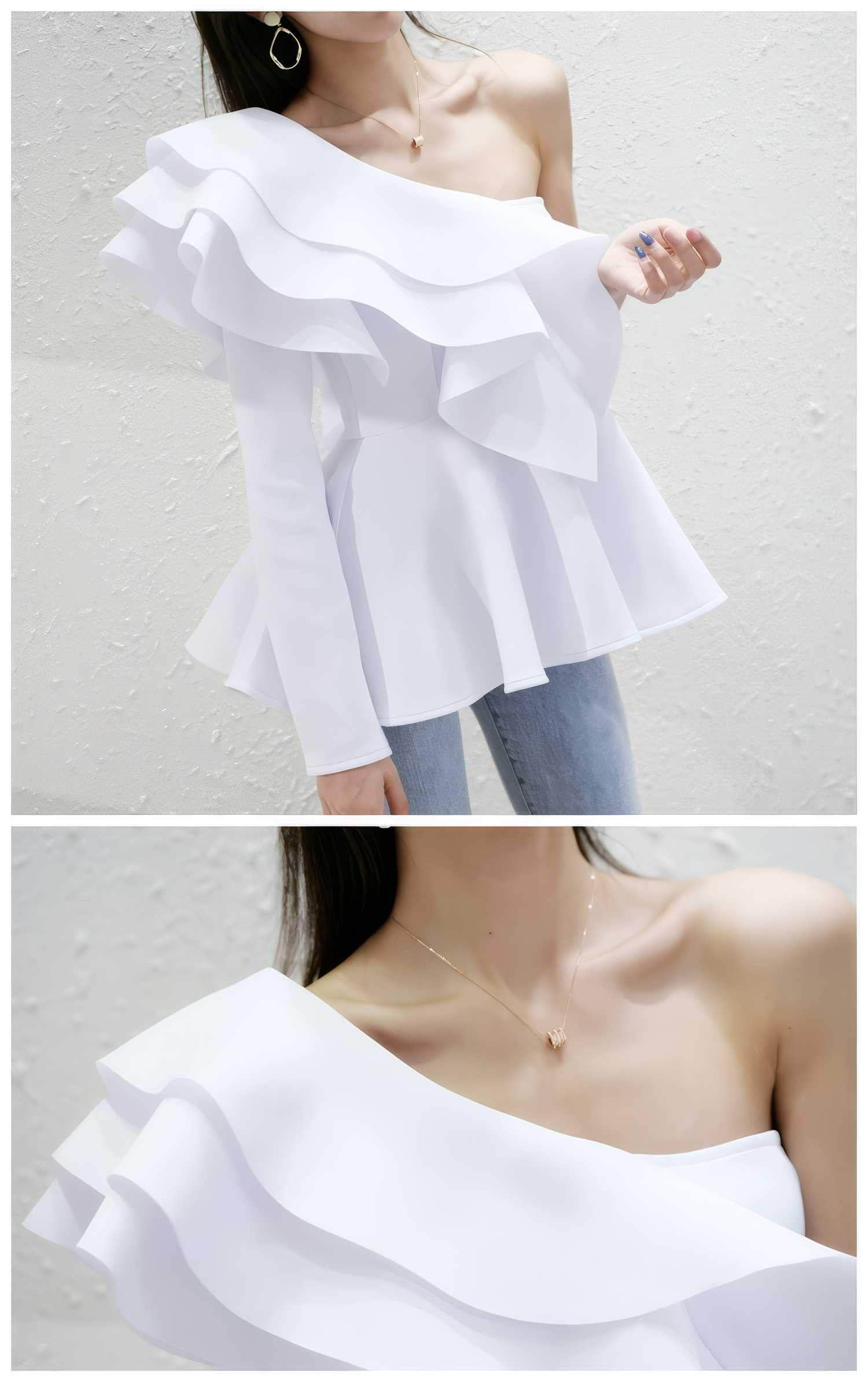 One Shoulder Ruffle Peplum Long Sleeve Blouse