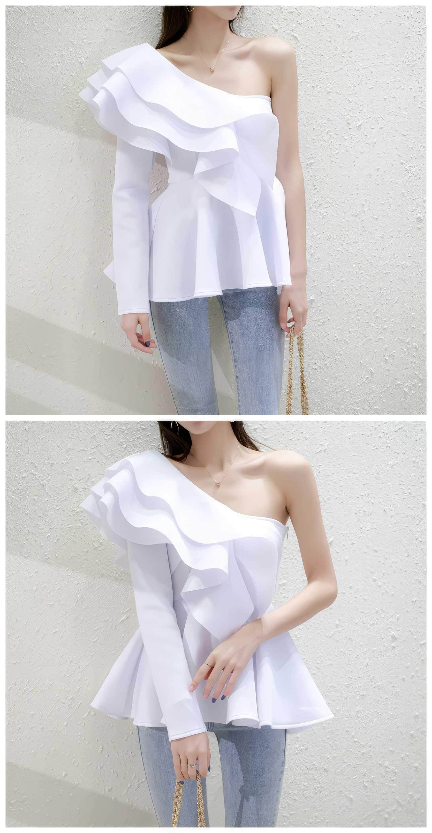 One Shoulder Ruffle Peplum Long Sleeve Blouse