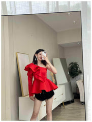 One Shoulder Ruffle Peplum Long Sleeve Blouse