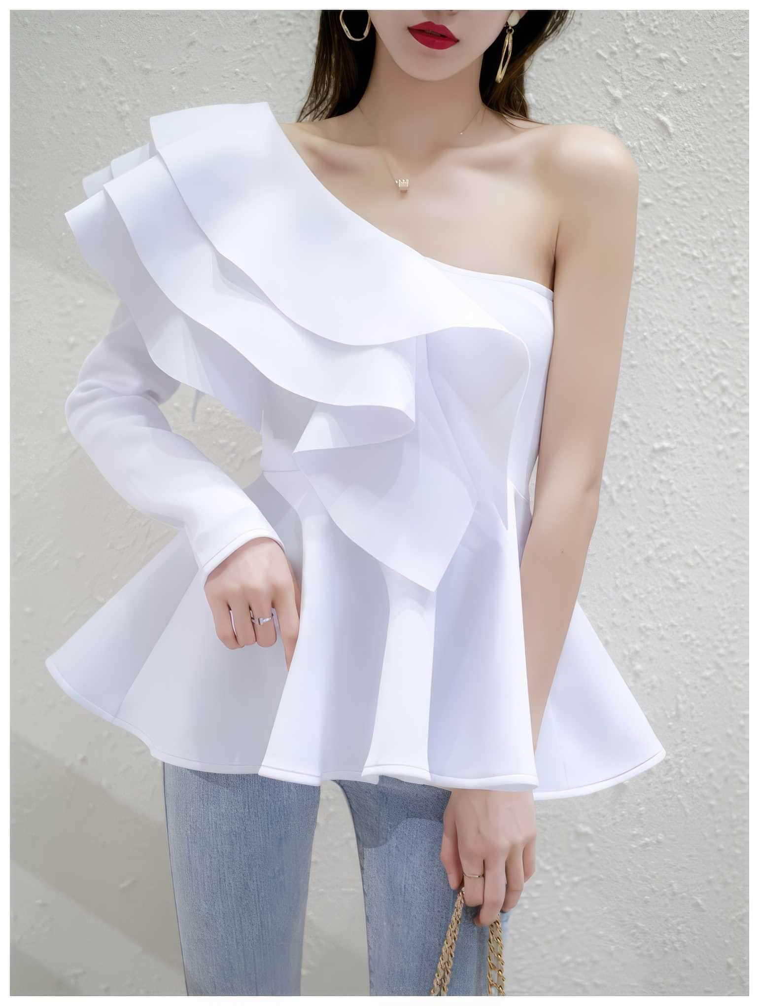 One Shoulder Ruffle Peplum Long Sleeve Blouse