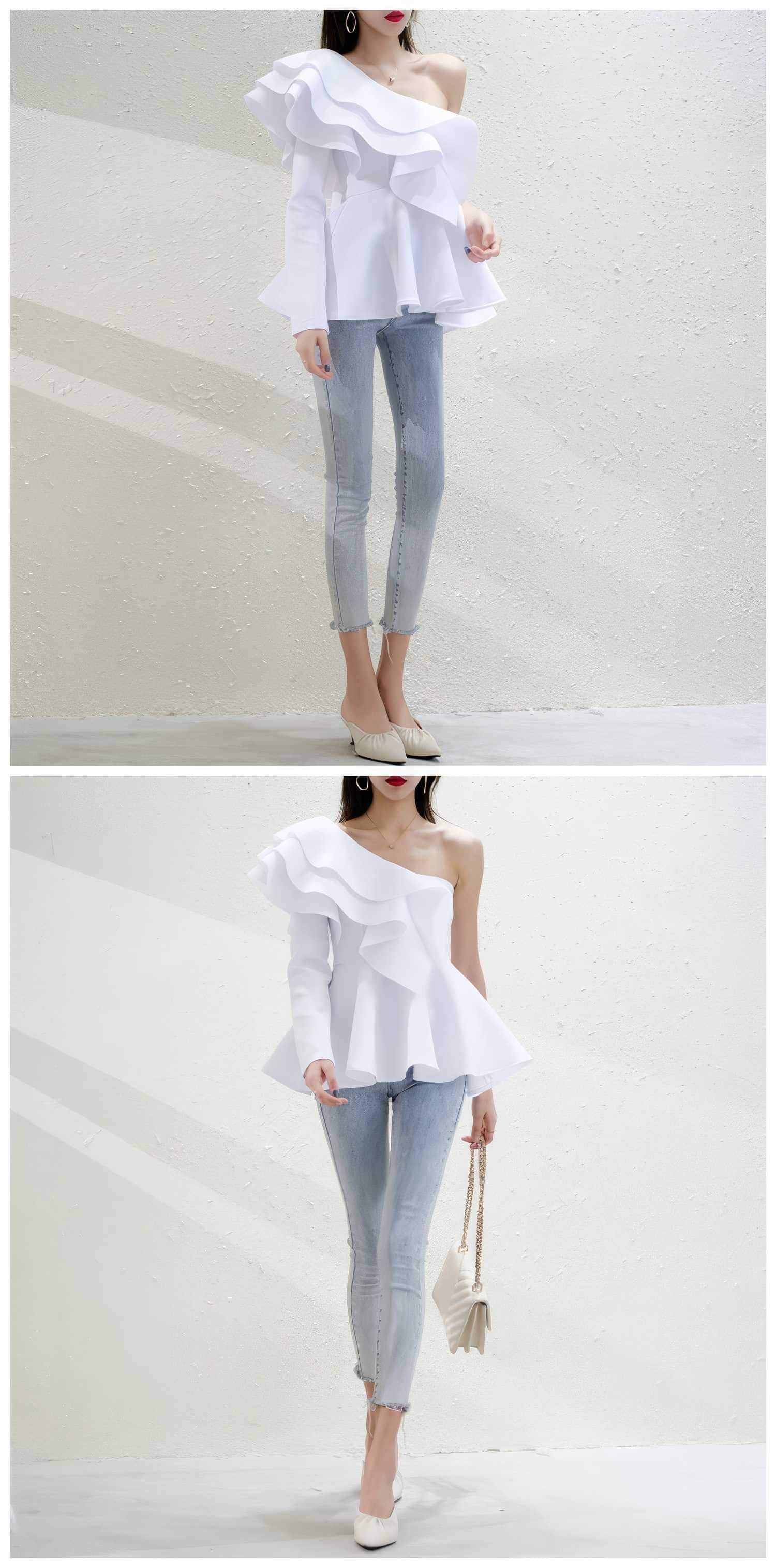 One Shoulder Ruffle Peplum Long Sleeve Blouse