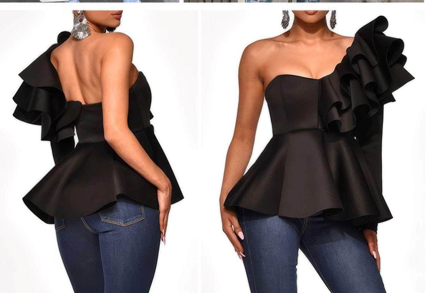 One Shoulder Ruffle Peplum Long Sleeve Blouse S / Black