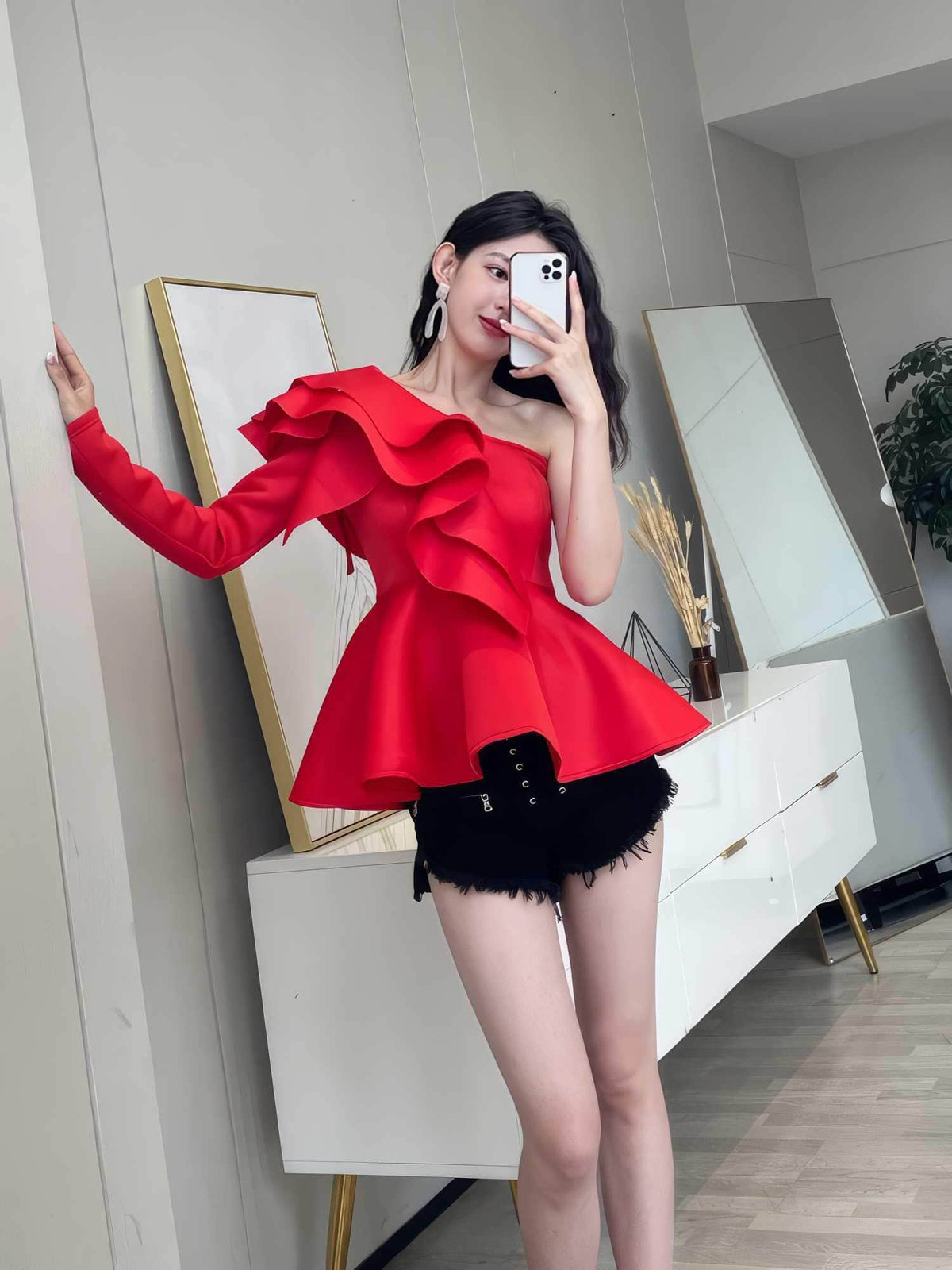 One Shoulder Ruffle Peplum Long Sleeve Blouse S / Red