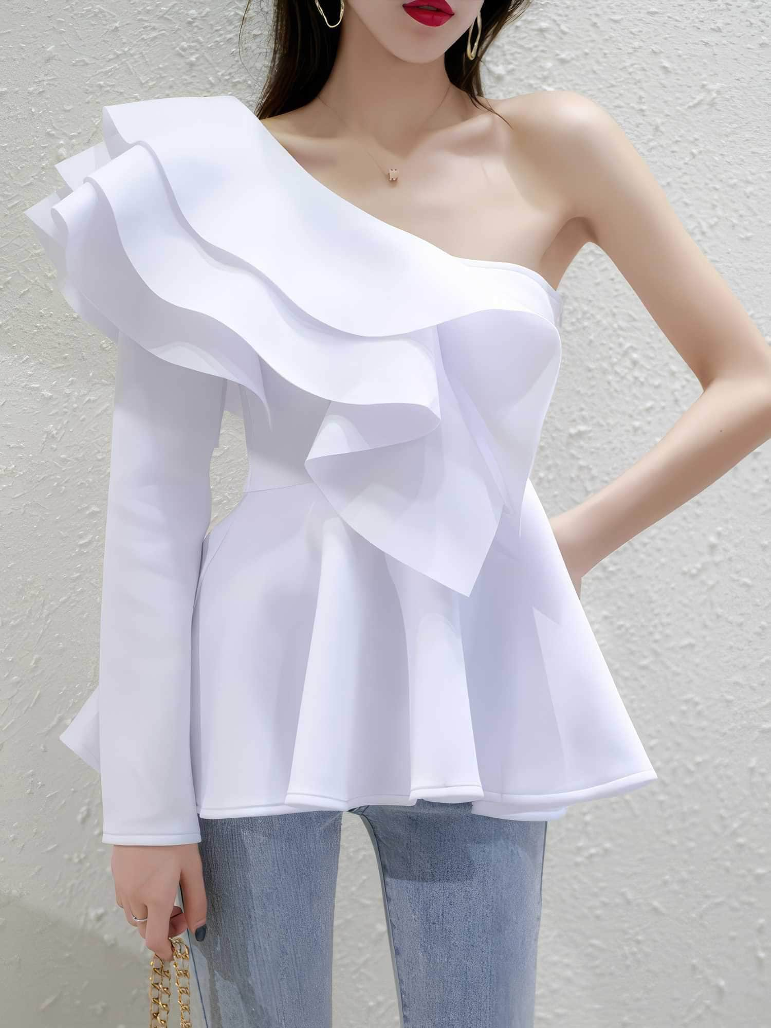 One Shoulder Ruffle Peplum Long Sleeve Blouse S / White