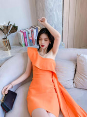 One-Shoulder Ruffled Orange Wrap Bandage Dress