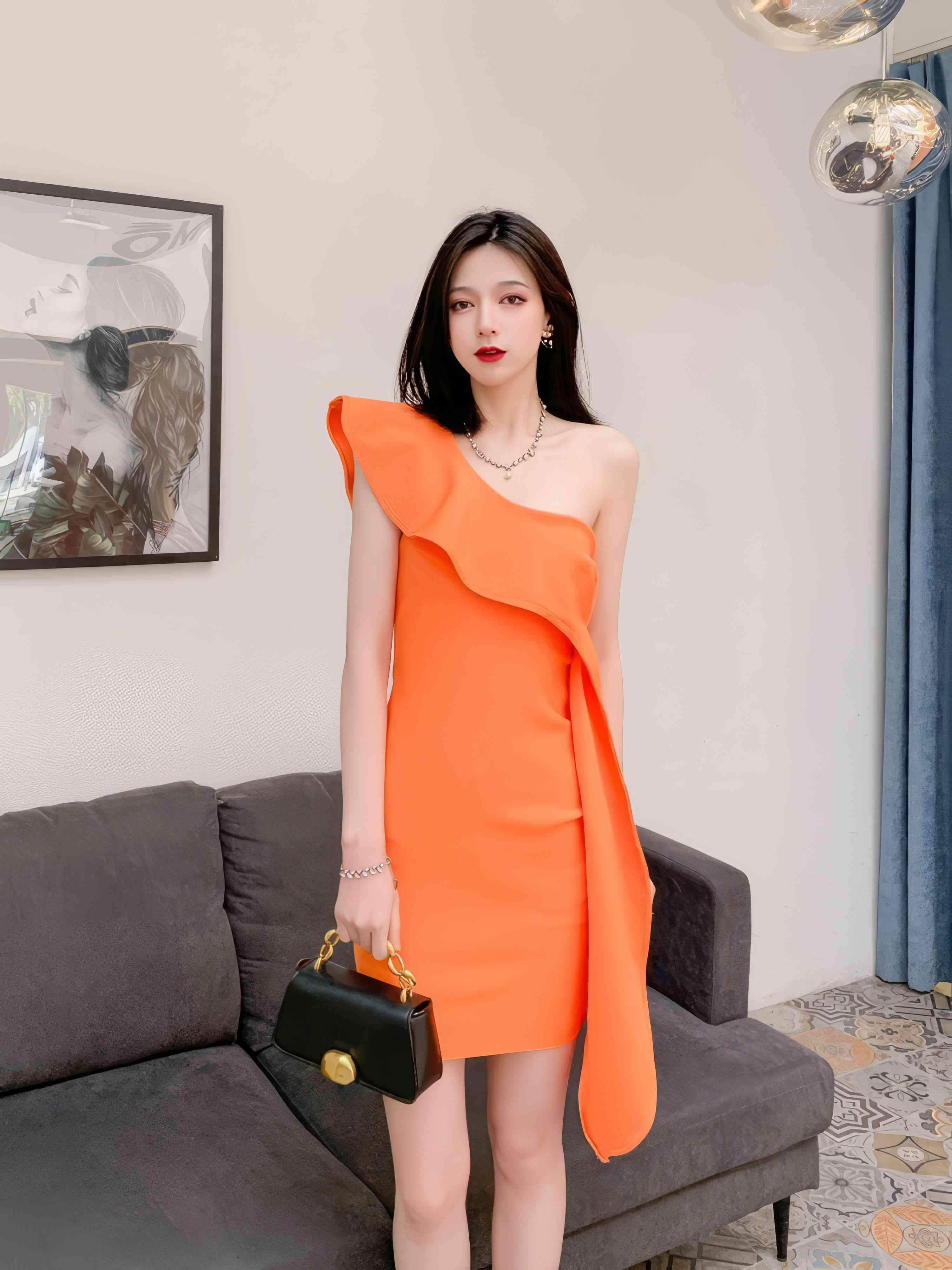 One-Shoulder Ruffled Orange Wrap Bandage Dress