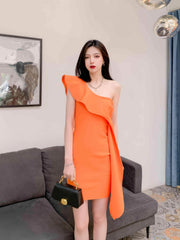 One-Shoulder Ruffled Orange Wrap Bandage Dress