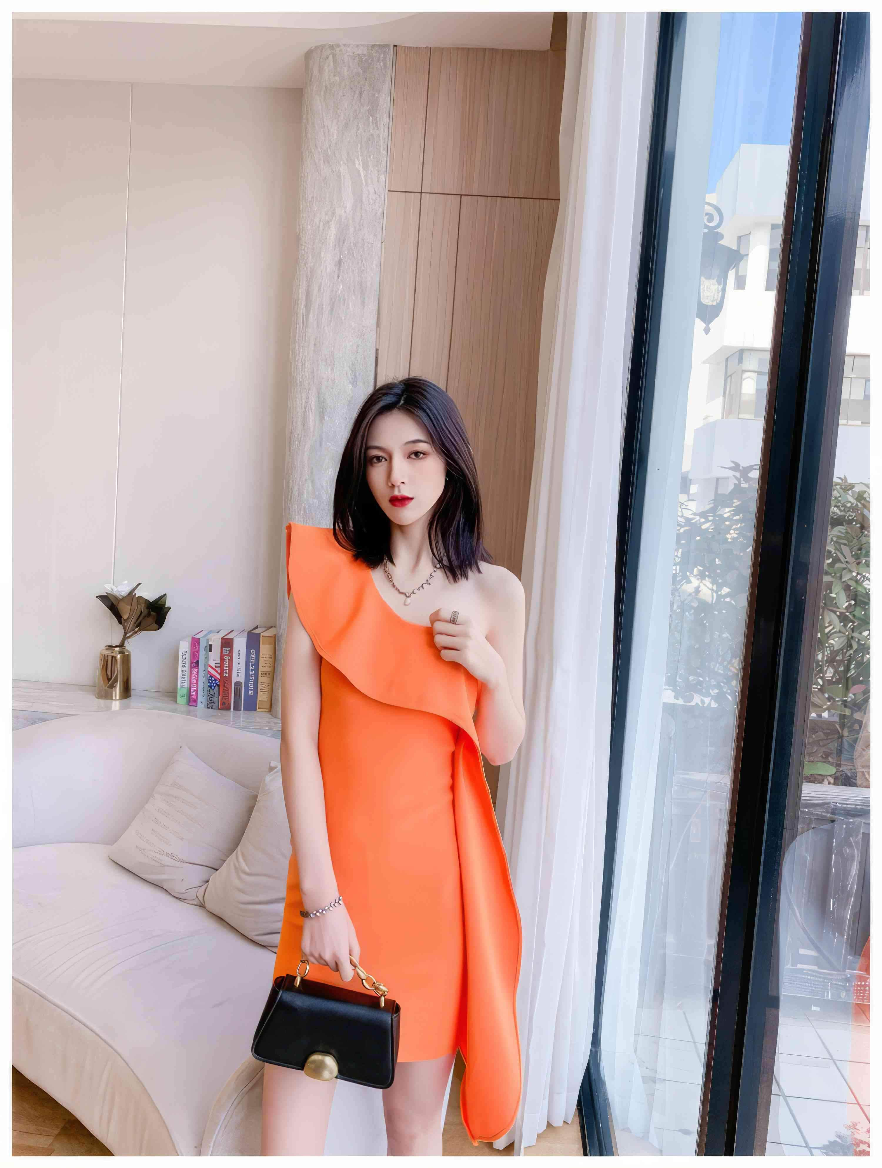 One-Shoulder Ruffled Orange Wrap Bandage Dress