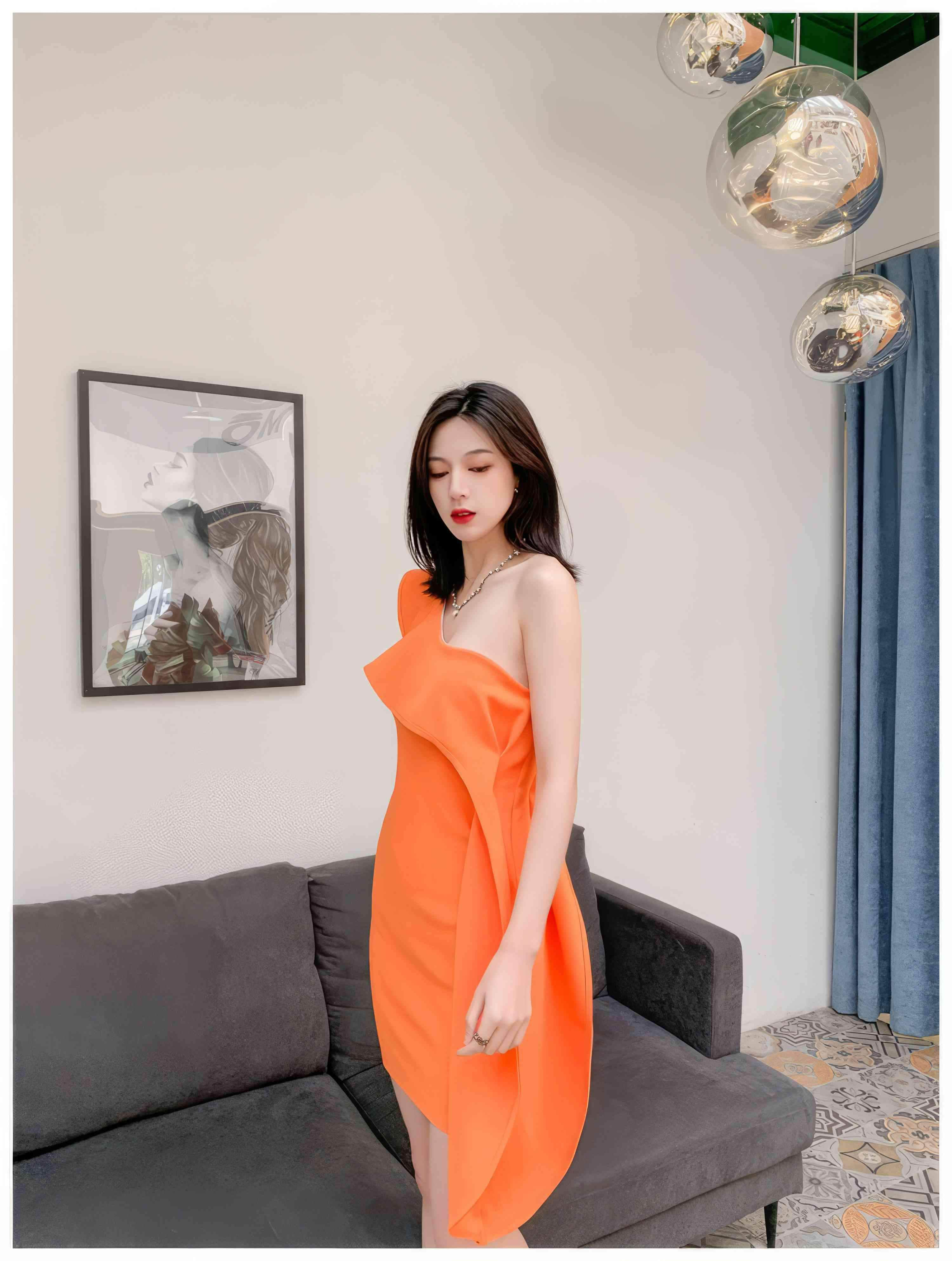 One-Shoulder Ruffled Orange Wrap Bandage Dress