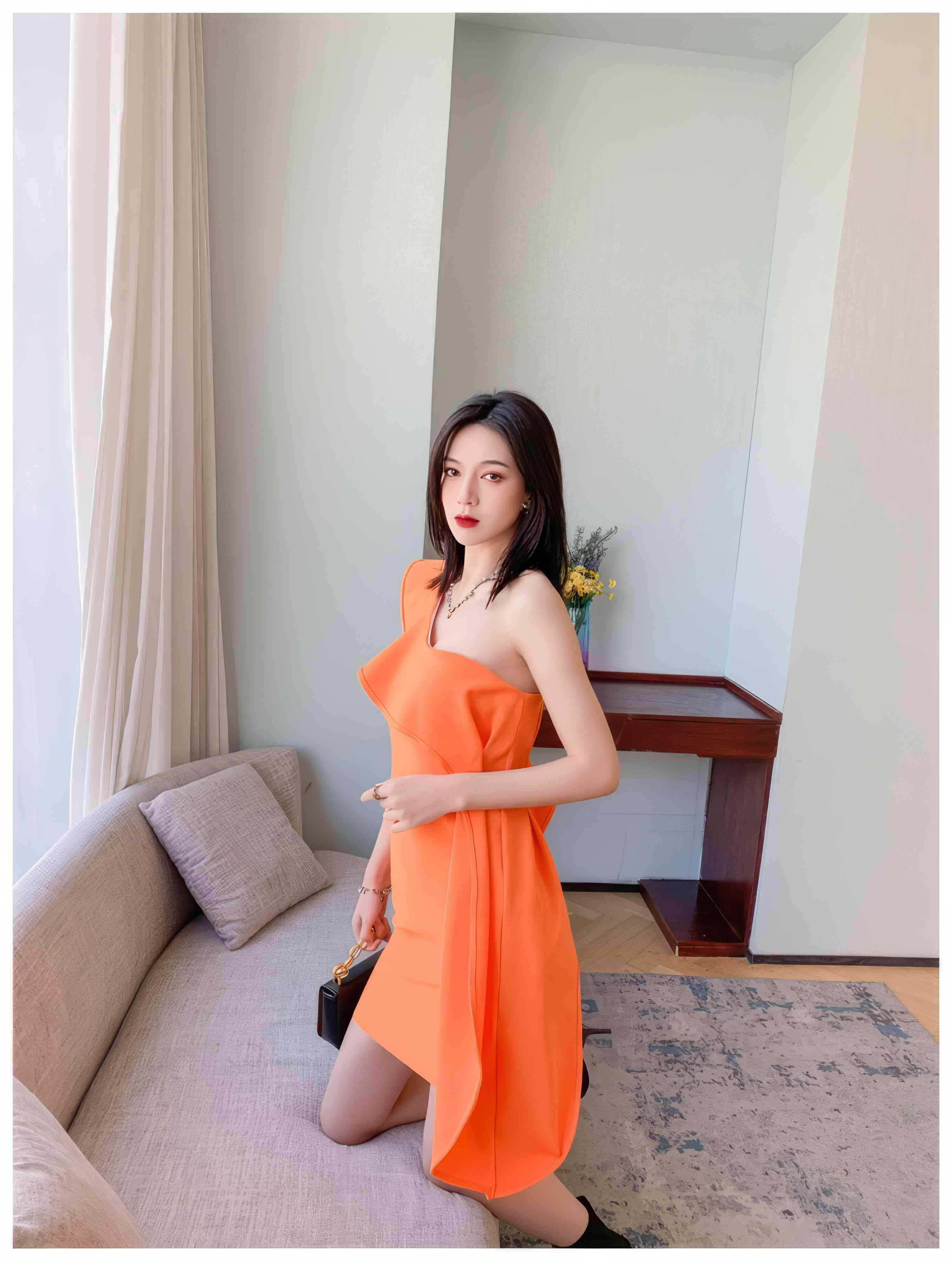 One-Shoulder Ruffled Orange Wrap Bandage Dress