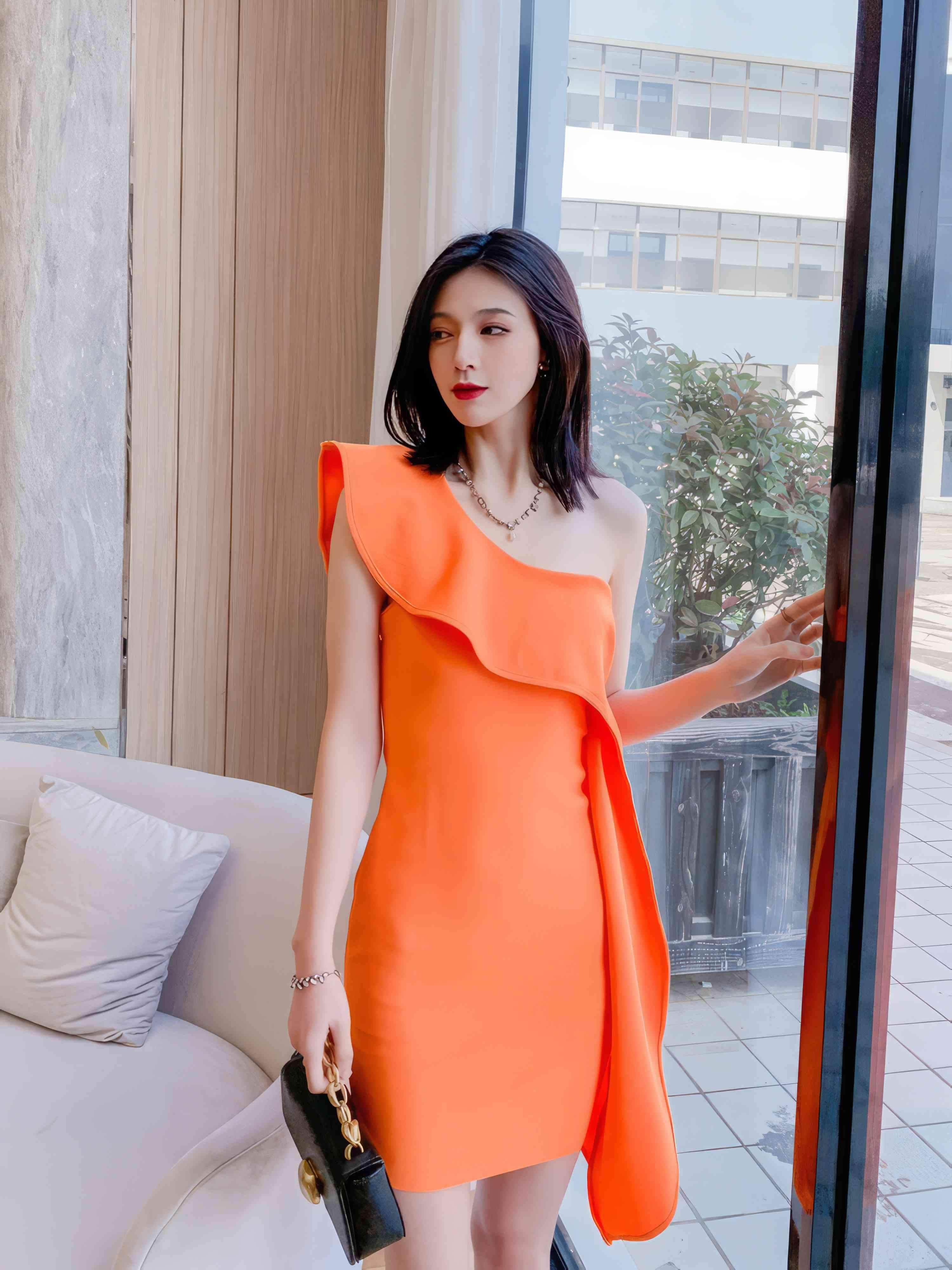 One-Shoulder Ruffled Orange Wrap Bandage Dress