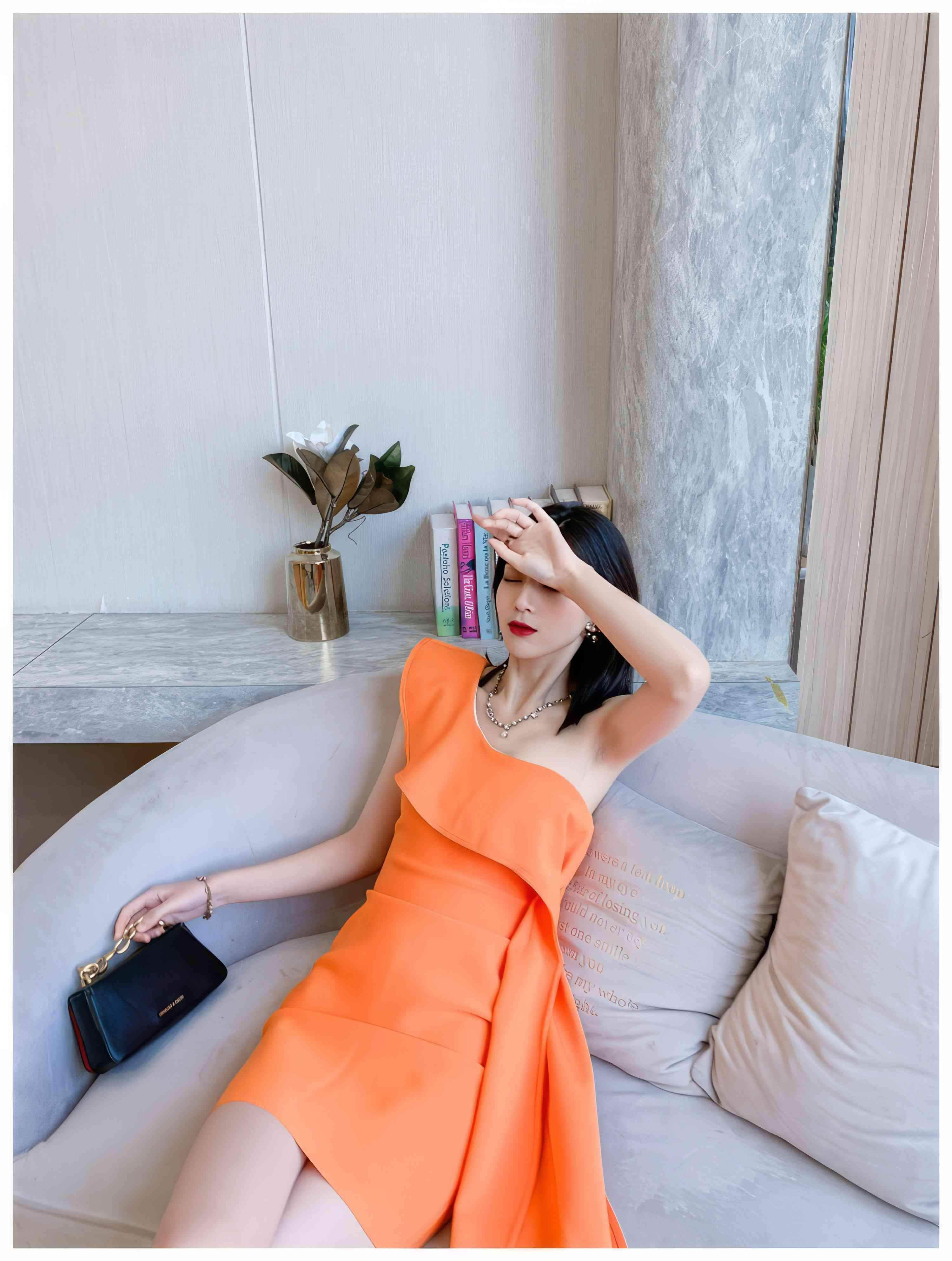 One-Shoulder Ruffled Orange Wrap Bandage Dress