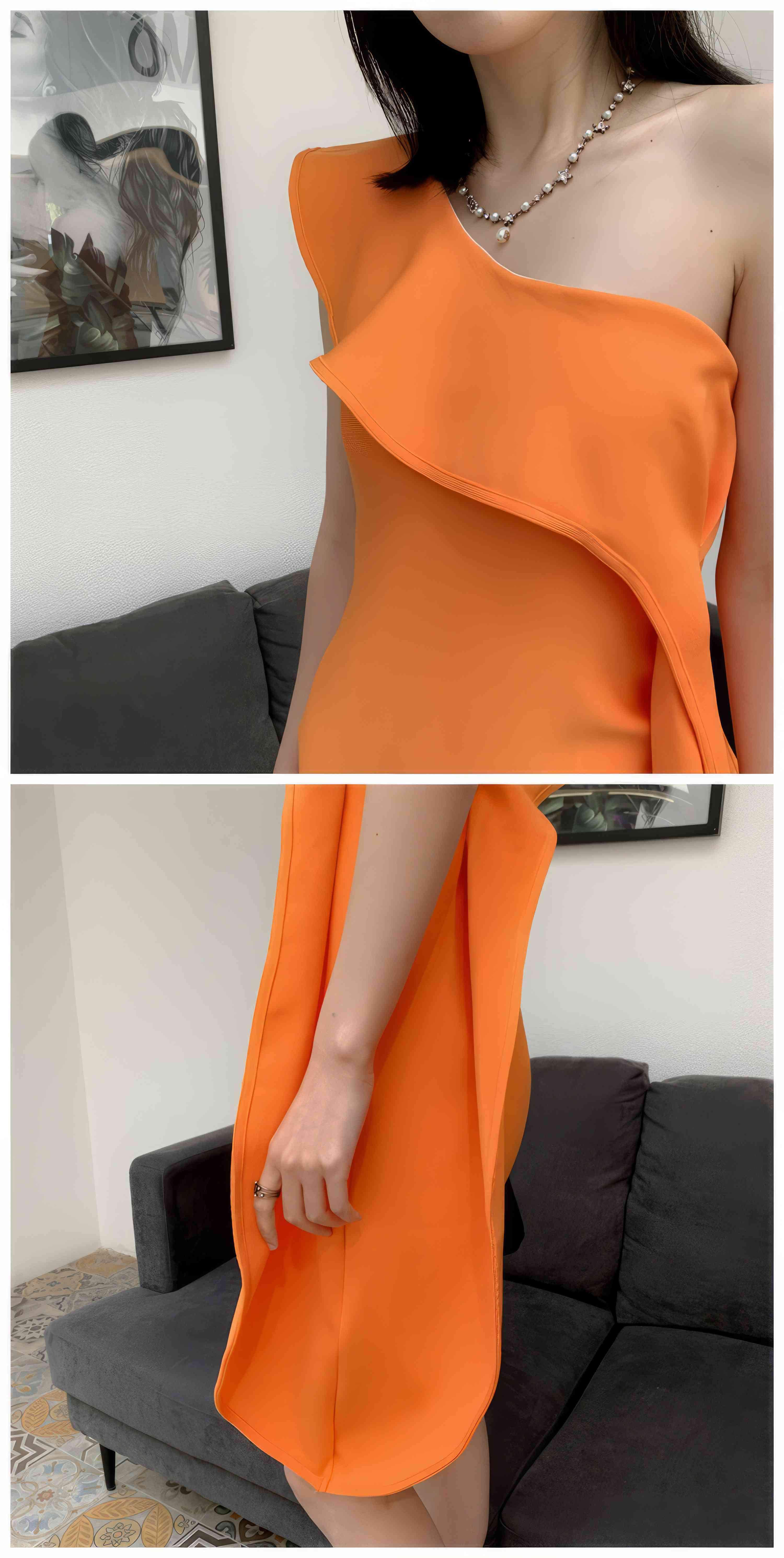 One-Shoulder Ruffled Orange Wrap Bandage Dress