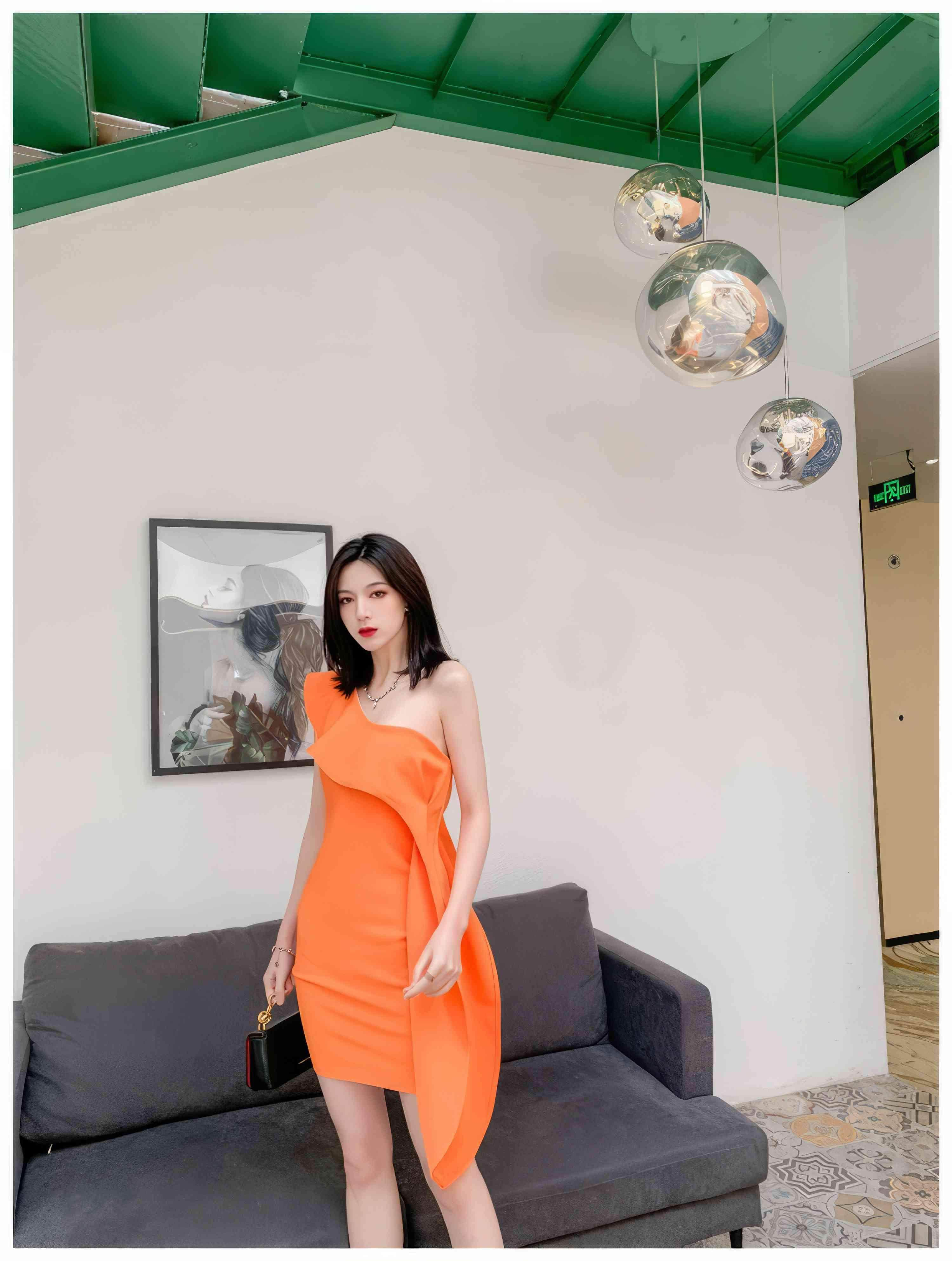 One-Shoulder Ruffled Orange Wrap Bandage Dress