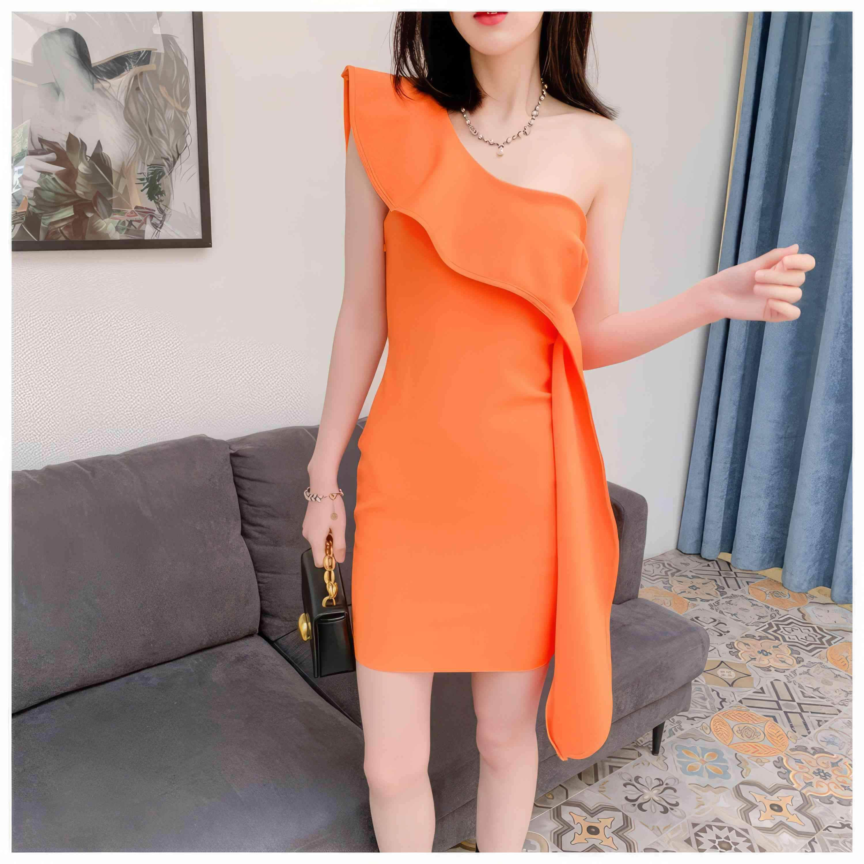 One-Shoulder Ruffled Orange Wrap Bandage Dress