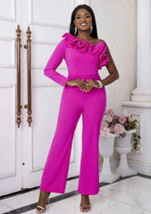 One Shoulder Ruffled Sleeves High Waist Jumpsuit