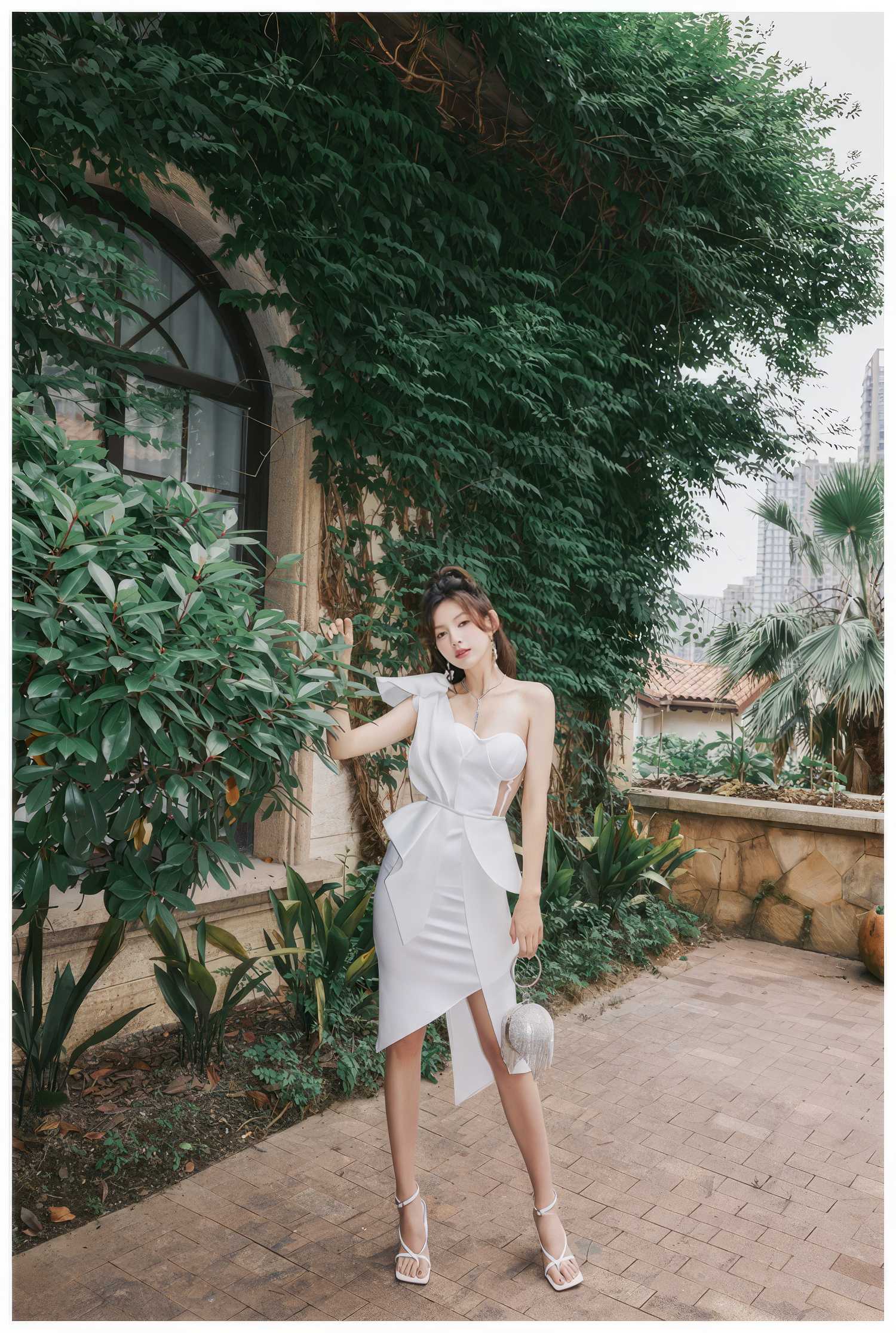 One-Shoulder Ruffled Wrapped Hem Mesh Dress