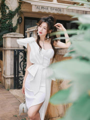 One-Shoulder Ruffled Wrapped Hem Mesh Dress