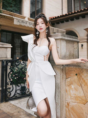 One-Shoulder Ruffled Wrapped Hem Mesh Dress XS / White