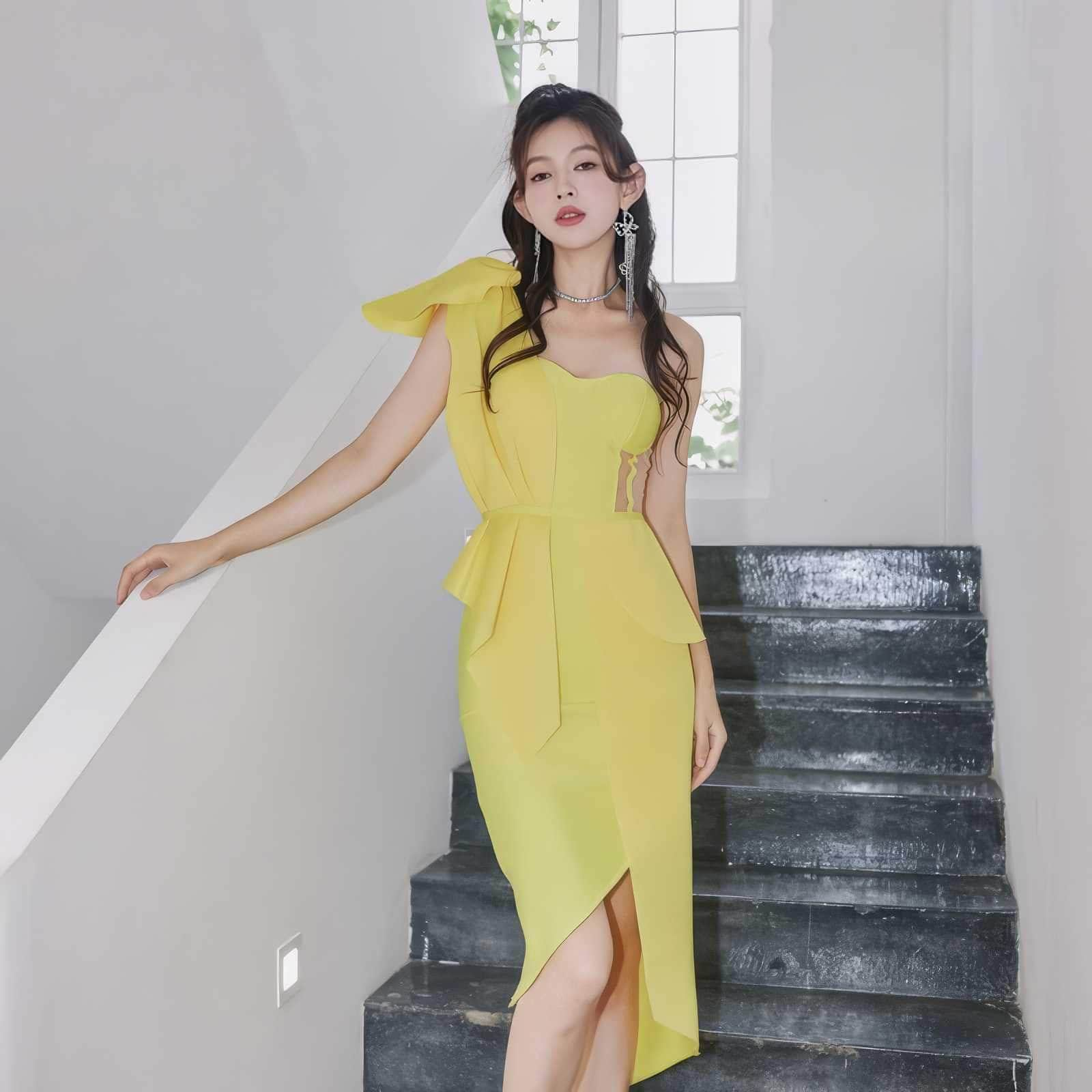 One-Shoulder Ruffled Wrapped Hem Mesh Dress XS / Yellow