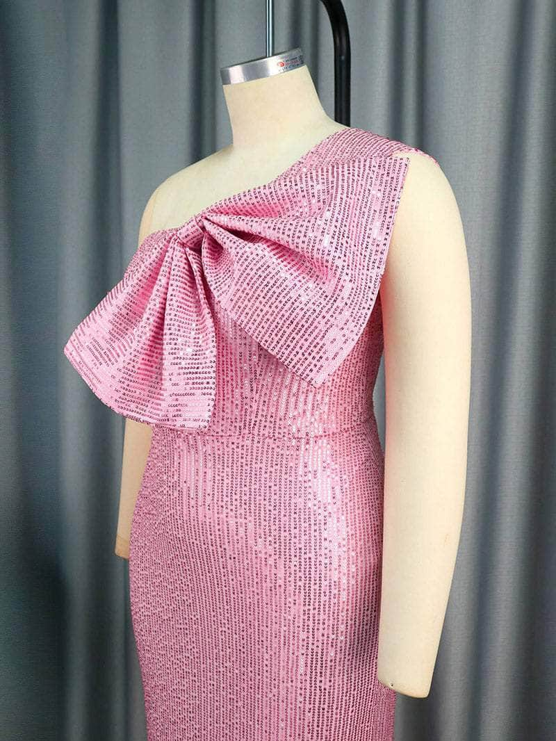 One Shoulder Sequin Party Dress Bow Detail