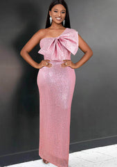 One Shoulder Sequin Party Dress Bow Detail US 4-6 / Pink