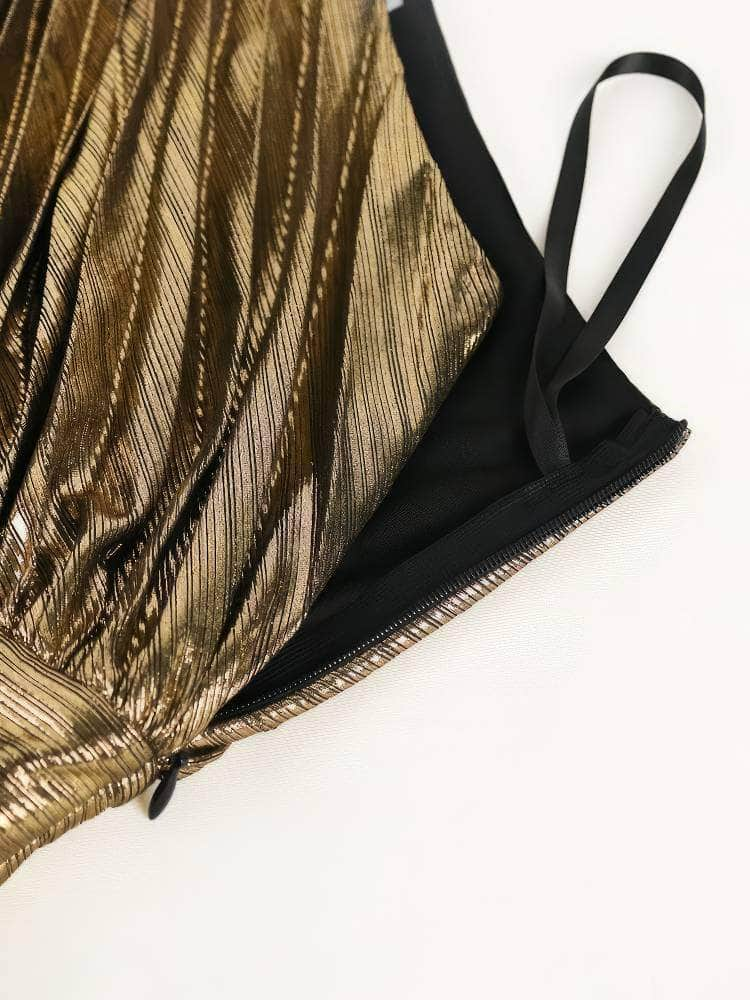 One Shoulder Shimmery Metallic Pleated Maxi Dress