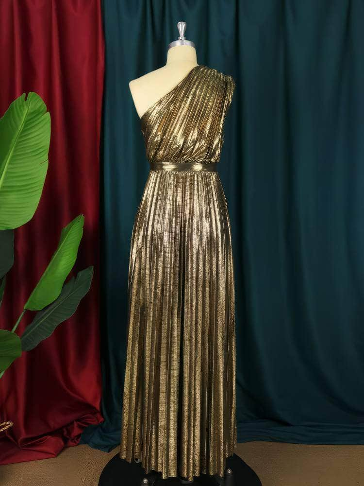 One Shoulder Shimmery Metallic Pleated Maxi Dress