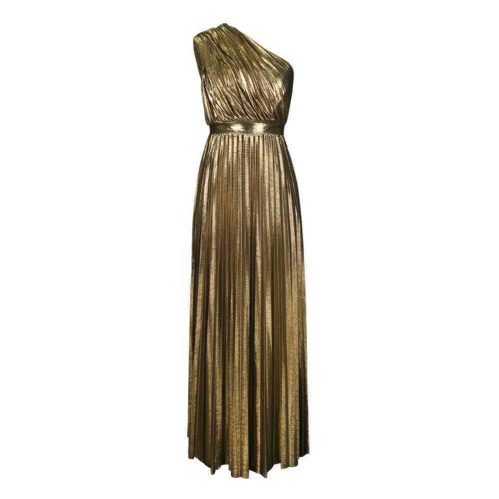 One Shoulder Shimmery Metallic Pleated Maxi Dress