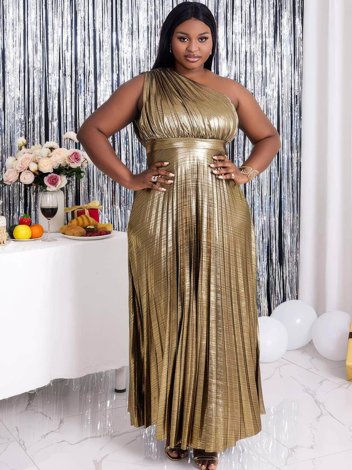 One Shoulder Shimmery Metallic Pleated Maxi Dress