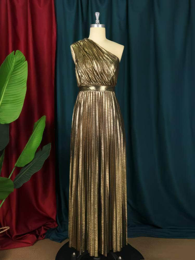 One Shoulder Shimmery Metallic Pleated Maxi Dress