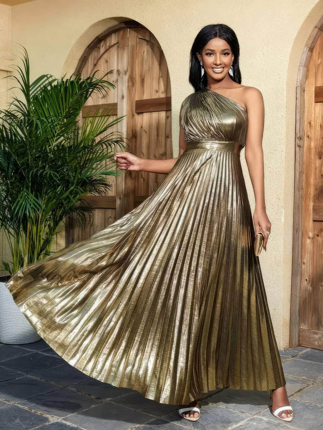 One Shoulder Shimmery Metallic Pleated Maxi Dress