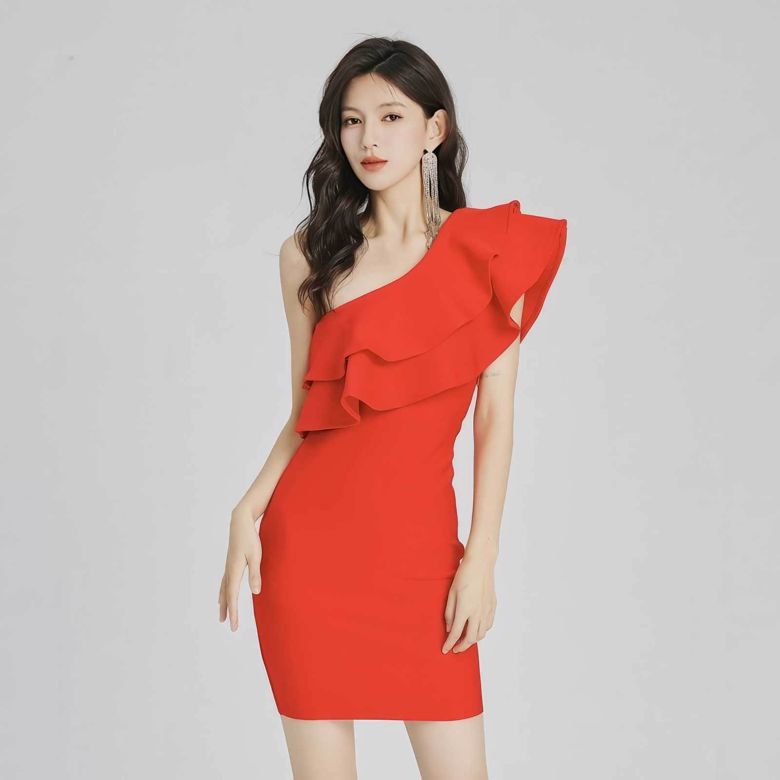 One-Shoulder Two-layer Ruffle Bodycon Dress