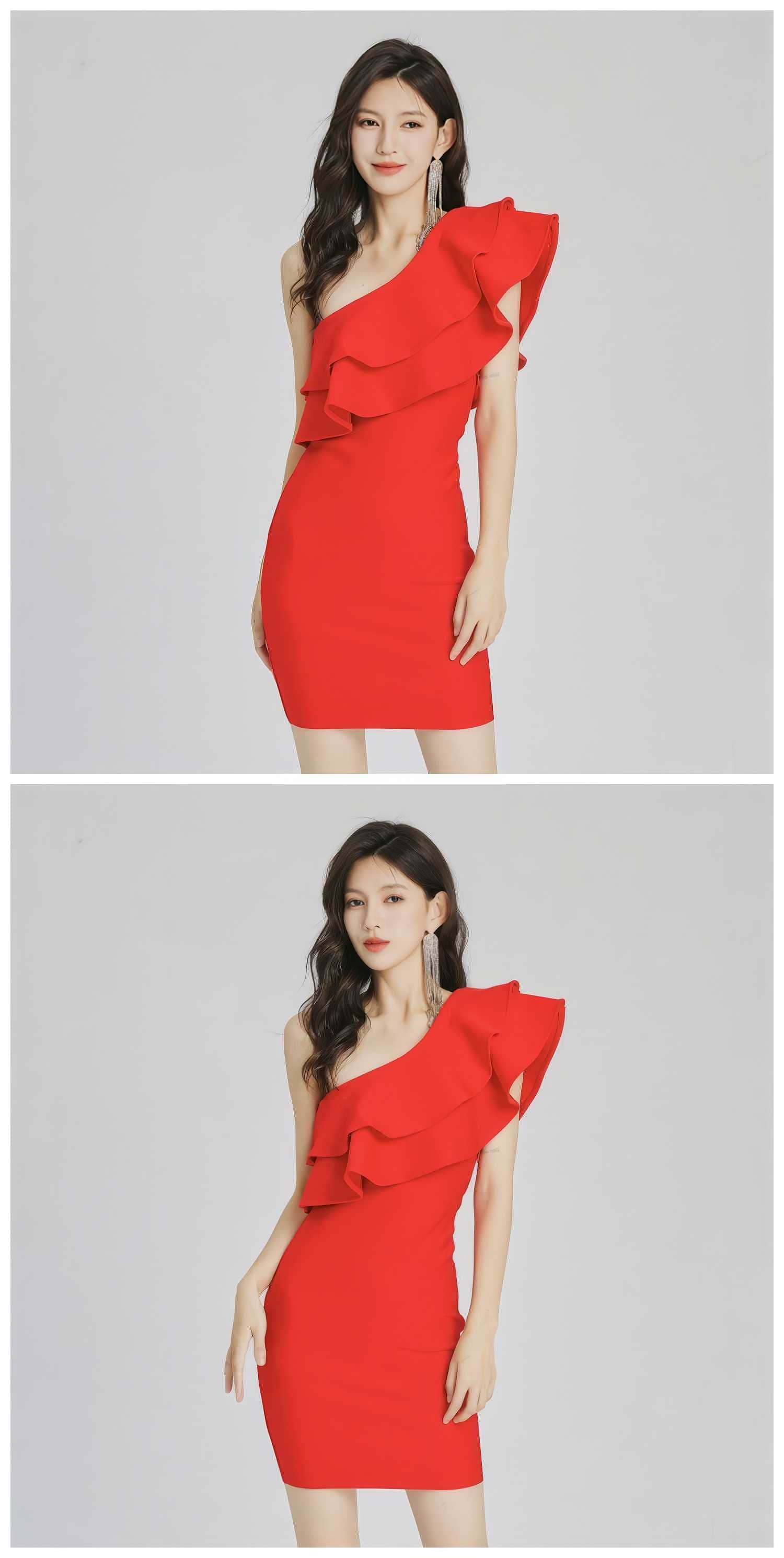 One-Shoulder Two-layer Ruffle Bodycon Dress