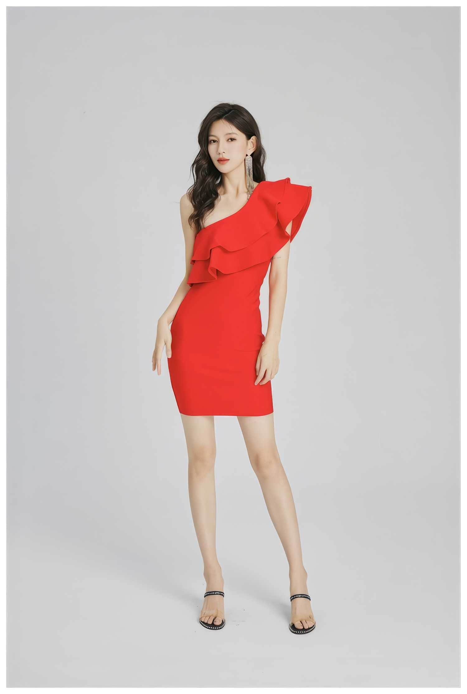 One-Shoulder Two-layer Ruffle Bodycon Dress