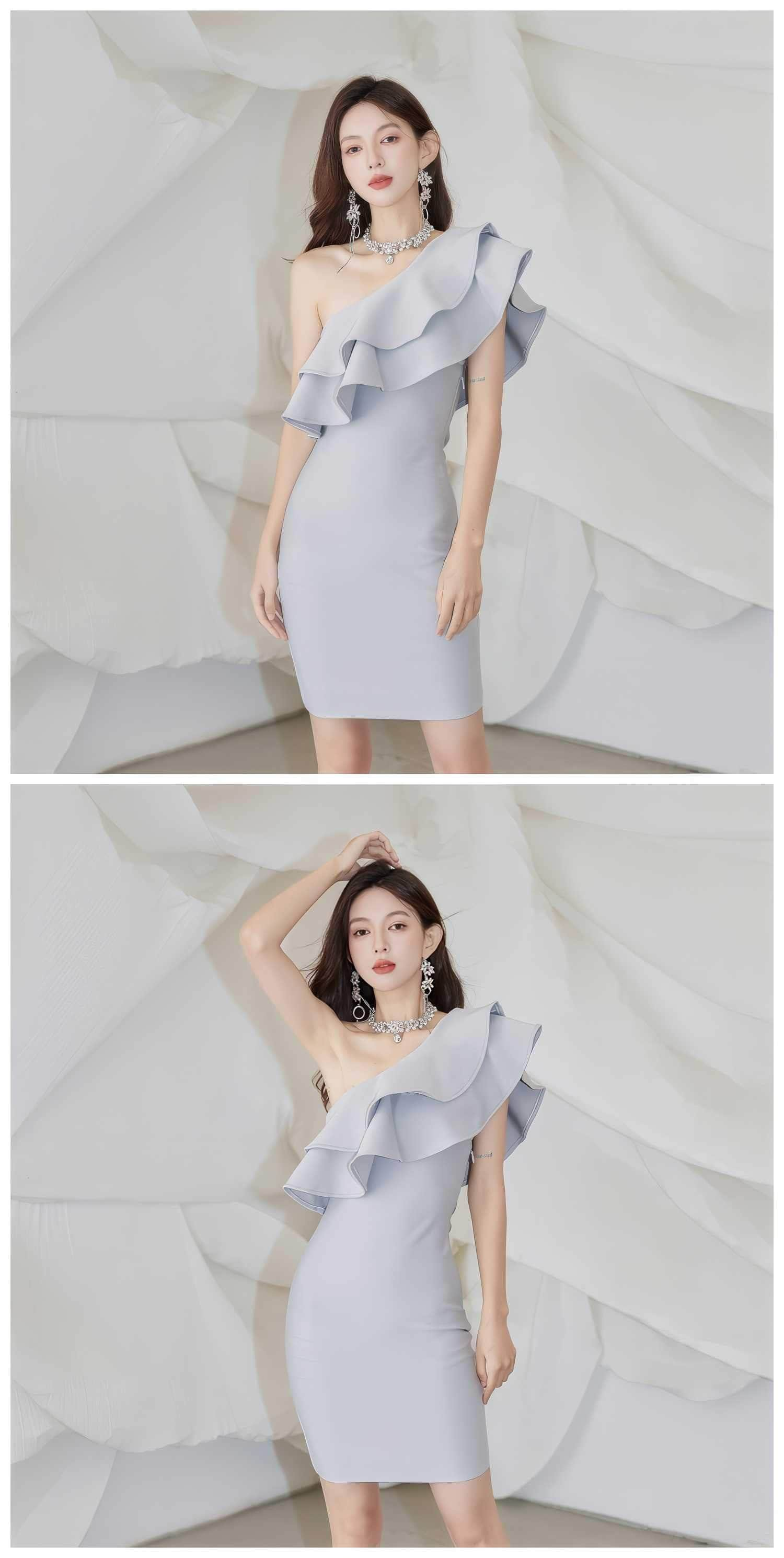 One-Shoulder Two-layer Ruffle Bodycon Dress