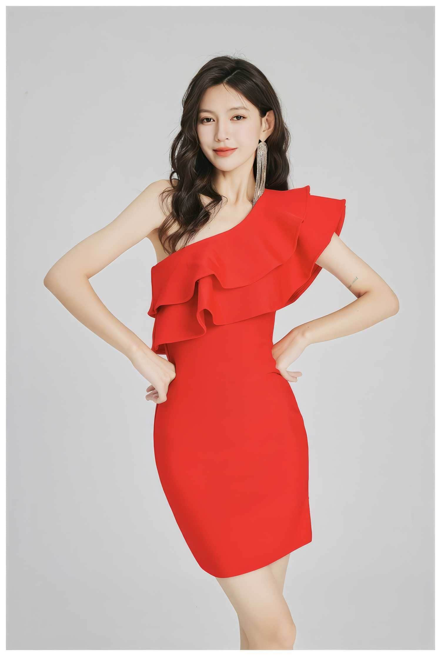 One-Shoulder Two-layer Ruffle Bodycon Dress S / OrangeRed