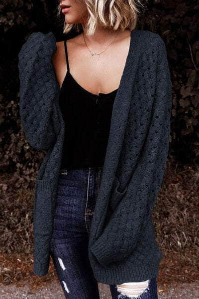 Open Front Dropped Shoulder Cardigan with Pockets Charcoal / S