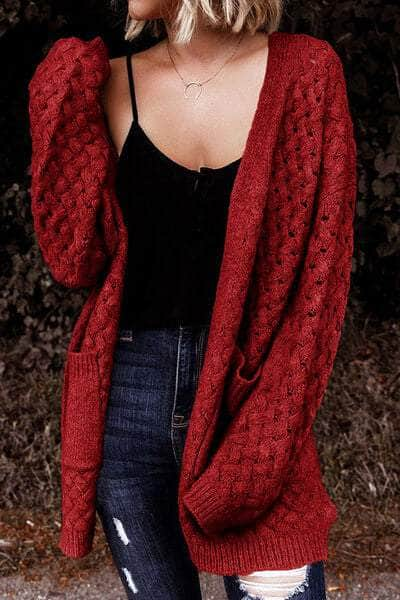 Open Front Dropped Shoulder Cardigan with Pockets Deep Red / S