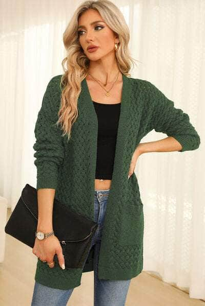 Open Front Dropped Shoulder Cardigan with Pockets Green / S