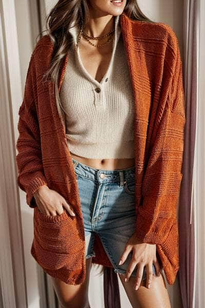 Open Front Pocketed Dropped Shoulder Cardigan Ochre / S