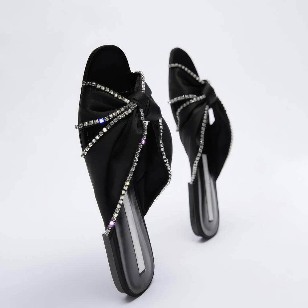 Open Toe Rhinestone Embellished Scarf Knotted Slide-in Flat Mules