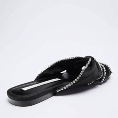 Open Toe Rhinestone Embellished Scarf Knotted Slide-in Flat Mules