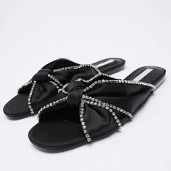 Open Toe Rhinestone Embellished Scarf Knotted Slide-in Flat Mules EU 34 / Black