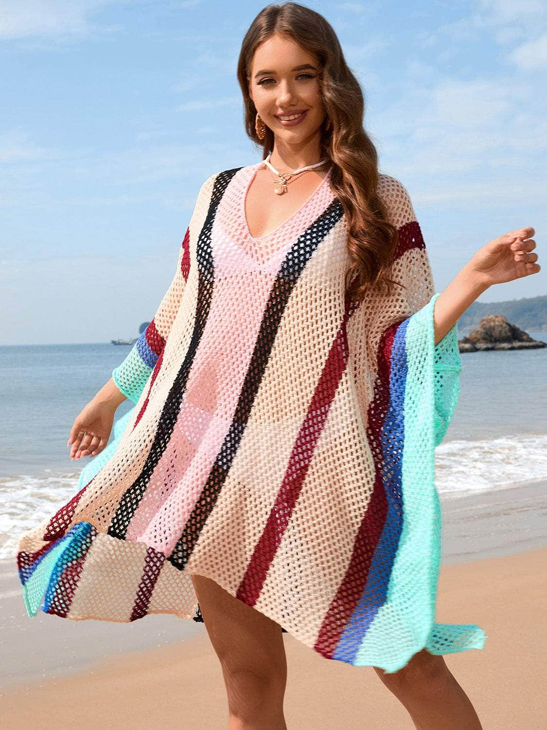 Openwork Color Block Plunge Cover-Up Tan / One Size