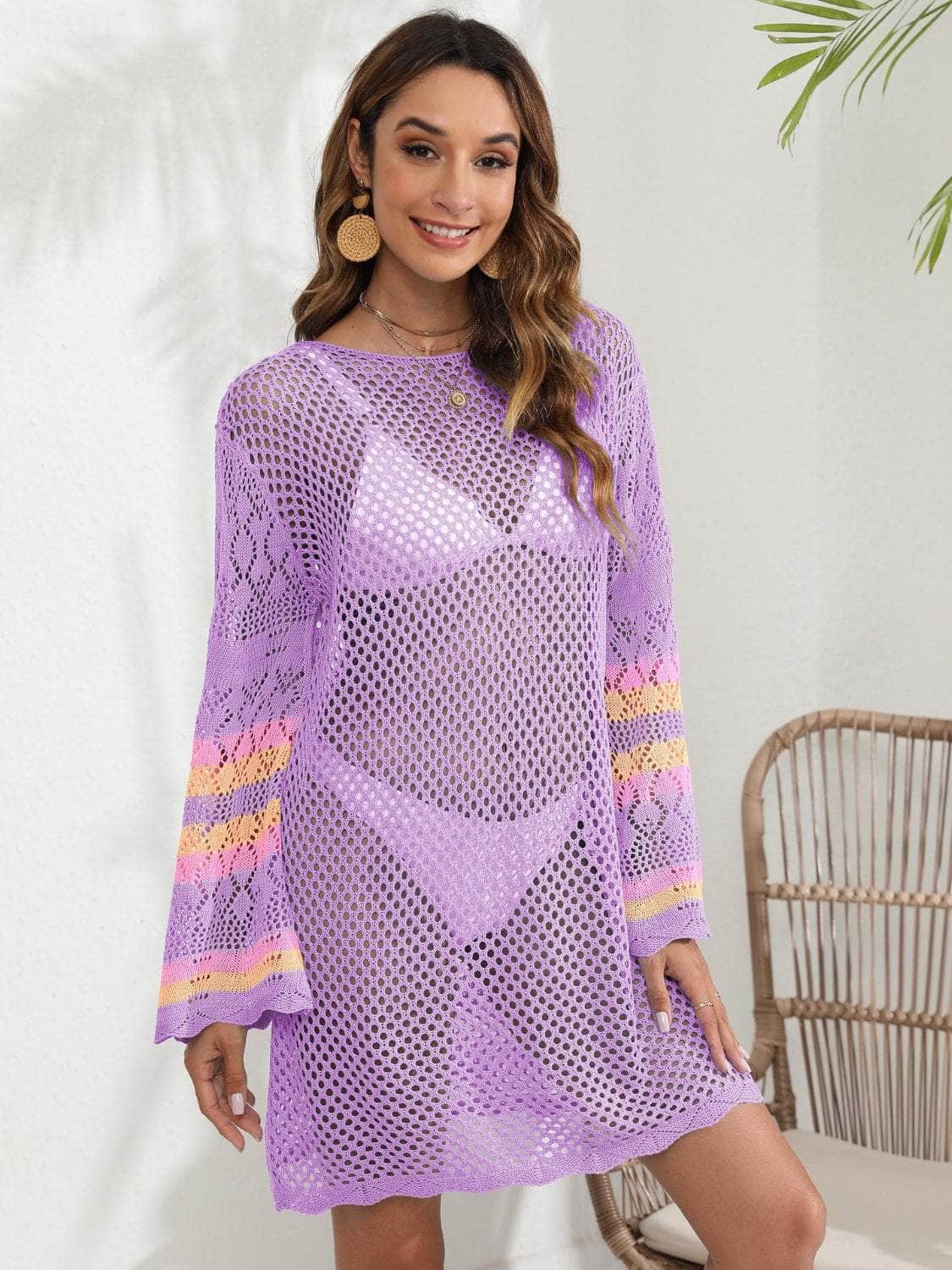 Openwork Contrast Long Sleeve Cover-Up Heliotrope Purple / One Size