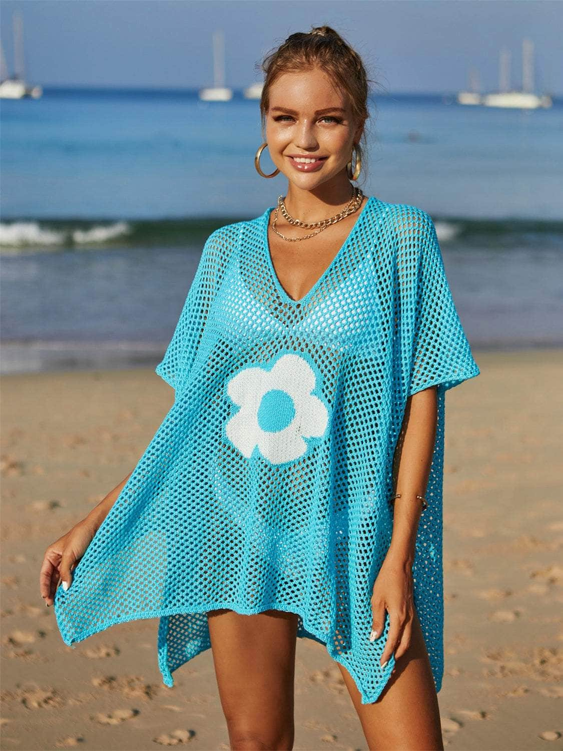 Openwork Flower V-Neck Short Sleeve Cover Up Sky Blue / One Size