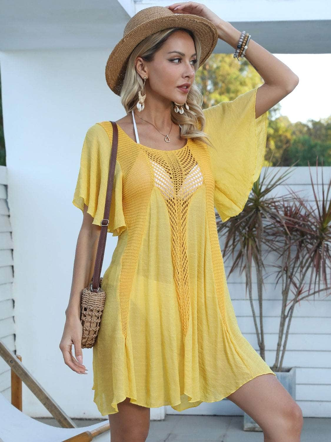 Openwork Flutter Sleeve Cover-Up Dress True Yellow / One Size